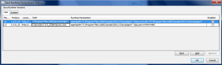 Java Runtime Environment Settings Dialog